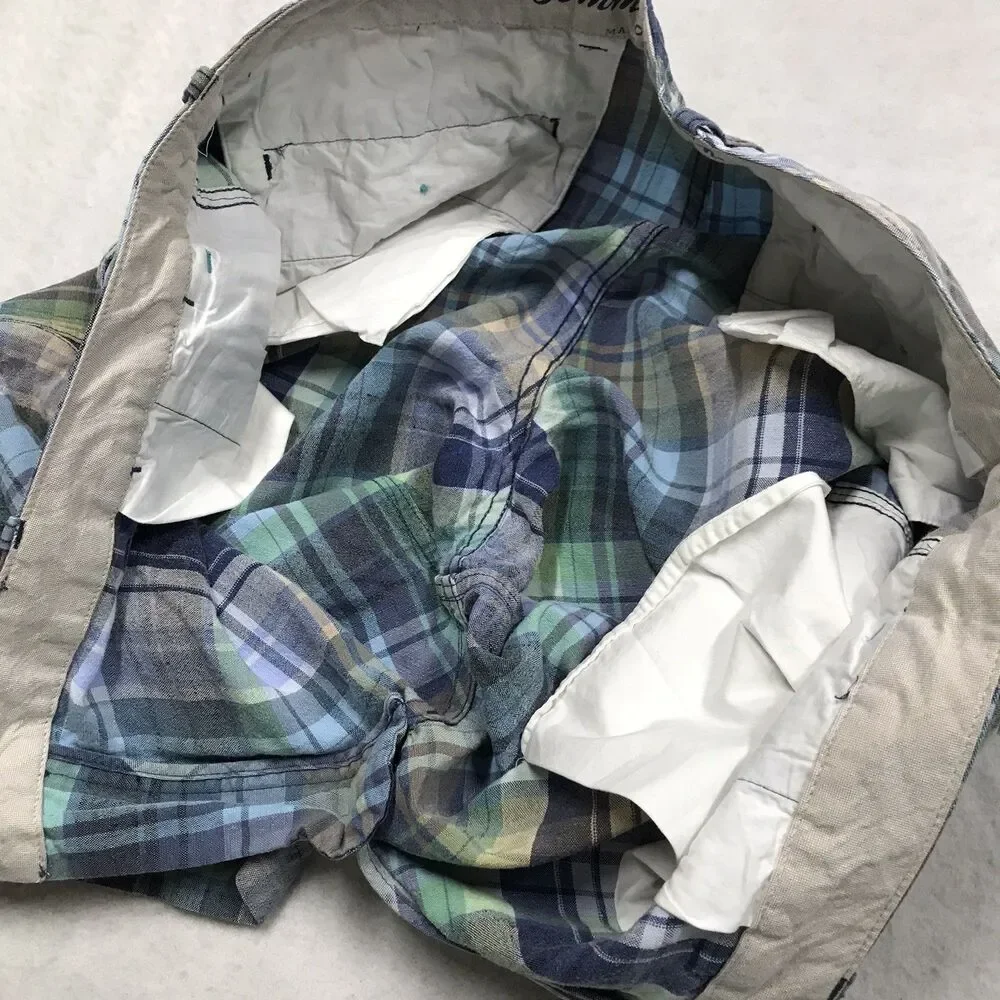 TOMMY BAHAMA Linen Blend Shorts Men 35-36 Turquoise Green Blue Plaid Beach